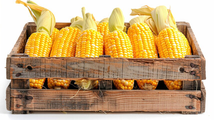 Fresh corn in wooden crate isolated on white background copy space