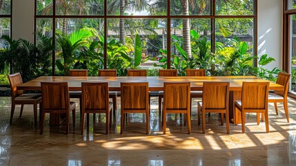 Wall Mural - Elegant wooden dining set in a bright, modern living room with lush greenery and natural light