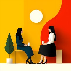 Two women having a coffee chat in a vibrant setting