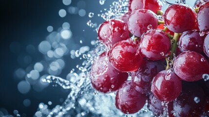 A bunch of red grapes being splashed with water, creating a vibrant and refreshing image.