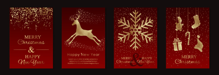 Wall Mural - merry christmas and happy new year greeting card templates with golden glittering toys, snowflake an