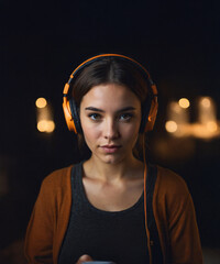 A young woman with dark hair stares intently at the camera. She wears headphones and a warm brown sweater.  The background is blurred with warm lights.