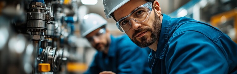 Two engineers inspecting machinery in a modern industrial facility