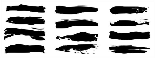 Wall Mural - Vector collection of artistic grungy black paint hand made creative brush stroke set isolated on banner background. A group of abstract grunge sketches for design education or graphic art decoration