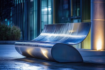 A simple metal bench sits in front of a building, perfect for use in urban or architectural settings