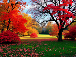 Wall Mural - vibrant autumn colors in a park with red and orange trees, showcasing nature's beauty during the fal