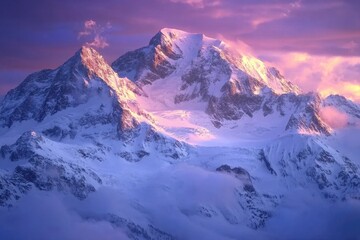 Poster - Snowy mountain landscape at sunset with cloudy sky, ideal for winter or nature scenes