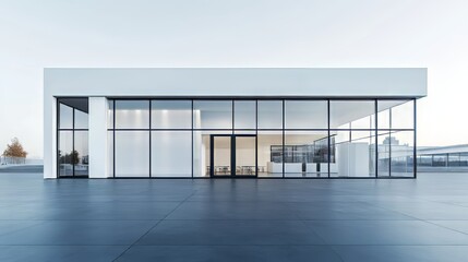 Ultra-realistic minimalist architecture: exterior of exhibition hall with glass curtain walls, white walls, dark floor tiles, showcasing modern