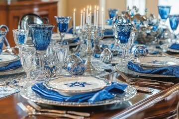 Decorated Hanukkah Table: A beautifully set table ready for a Hanukkah dinner, featuring blue and silver decorations, a menorah at the center, and place settings with traditional Jewish symbols like t