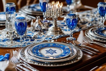 Decorated Hanukkah Table: A beautifully set table ready for a Hanukkah dinner, featuring blue and silver decorations, a menorah at the center, and place settings with traditional Jewish symbols like t