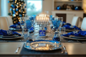 Decorated Hanukkah Table: A beautifully set table ready for a Hanukkah dinner, featuring blue and silver decorations, a menorah at the center, and place settings with traditional Jewish symbols like t