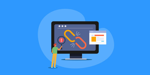 Wall Mural - online business people check website broken link with seo software tool, conceptual vector illustrat