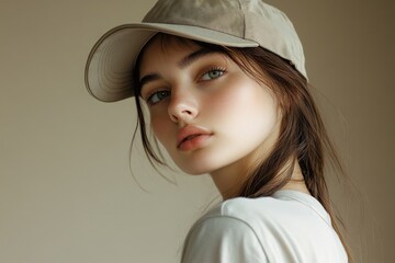 A woman wearing a hat and a white shirt, possibly for an outdoor event or casual gathering