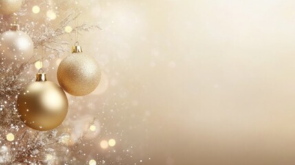 Wall Mural - Golden Christmas tree balls and snow-covered branches on a soft beige background. Christmas card or banner