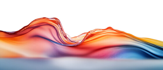 Wall Mural - A tight shot of a tricolor wave - red, orange, and blue - of liquid against a pristine white backdrop Behind lies a serene blue sky