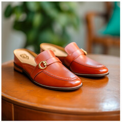 Elegant Leather Loafers with Gold Buckle on Wooden Table, Ideal for Fashion and Lifestyle Photography