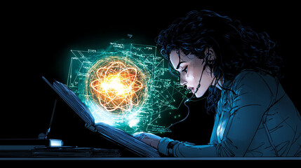 Aufkleber - woman studying with glowing atom illustration, immersed in knowledge