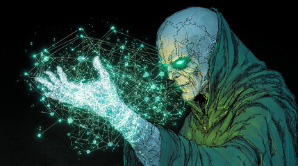 Aufkleber - mysterious figure with glowing green eyes manipulates digital data