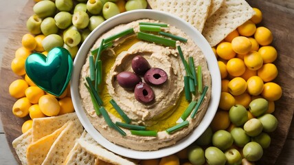 St. Patrick's Day themed hummus with green onions and olives on wooden board