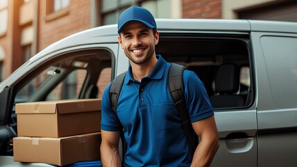 Courier van package delivery and male driver in transportation for online shopping services , distribution and branding. Confident, minivan or transport diesel vehicle for product trading or parcels.