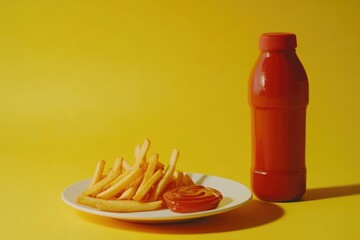 Poster - A plate of crispy French fries served with a bottle of ketchup