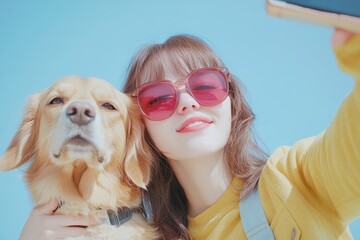 A woman smiling and taking a selfie with her furry companion