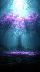 Wall Mural - majestic tree with vibrant purple blossoms stands in mystical forest, illuminated by soft beams of light filtering through mist. enchanting scene evokes sense of tranquility and wonder