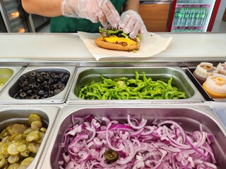 Close up of salad bar buffet and sandwiches