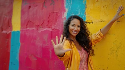 A woman stands before a vibrant and colorful wall, offering a bright and cheerful background for various uses