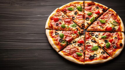 Delicious pizza topped with olives, tomatoes, and basil, on a rustic wooden table.