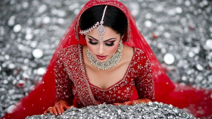 Indian Bride in Red Wedding Dress with Silver Sequins