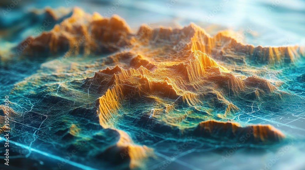 Transparent holographic map showing a detailed terrain. Stock ...