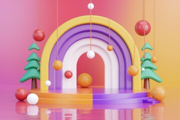 Aufkleber - A colorful 3D scene with a rainbow arch  balls  and trees.