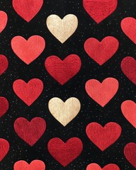 Wall Mural - A pattern featuring hearts in various shades on a black background.