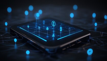 Poster - Innovative 3D mockup of a blank dark background with space for text, featuring modern digital blue user icons and stylish connecting lines