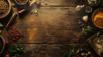 Wall Mural - Rustic wooden table with vibrant spices arranged for culinary design