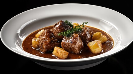 Poster - A simple bowl filled with cooked meat and potatoes, perfect for a rustic meal or outdoor gathering