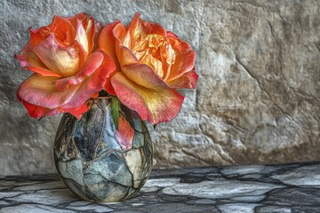 Wall Mural - A simple arrangement of two roses in a vase on a table