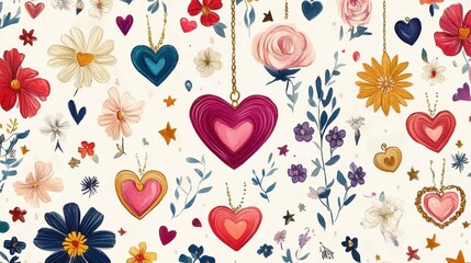 Wall Mural - Whimsical illustration of jewelry-themed elements like hearts, stars, and flowers, celebrating the joy and art of accessorizing.