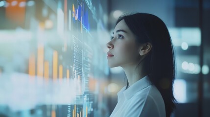 Woman analyzing a purple wall of data, captivating image of technology and information