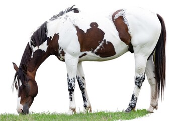 A brown and white horse is seen grazing peacefully on a lush green field