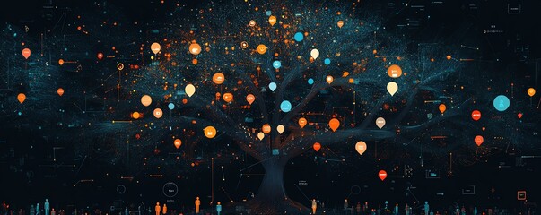 Fototapete - Detailed image of a digital lineage tree adorned with user icons and speech bubbles