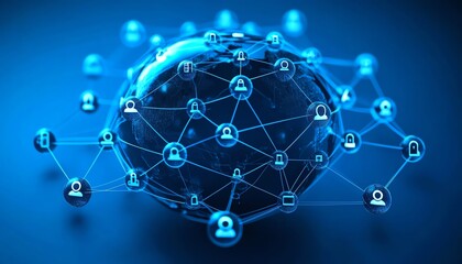 Leinwandbilder - Dynamic 3D visualization of a globe showcasing interconnected digital user icons and lines, representing global communication and social networking against a dark blue backdrop