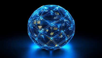 Leinwandbilder - Dynamic 3D visualization of a globe showcasing interconnected digital user icons and lines, representing global communication and social networking against a dark blue backdrop