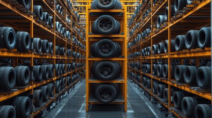 A large warehouse storage facility filled with numerous tires