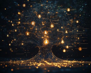 Leinwandbilder - Dynamic 3D visualization of a graphic lineage tree with interconnected user icons and speech bubbles, emphasizing personal data and human connections on a rich dark backdrop