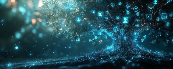 Leinwandbilder - Professional 3D rendering of a digital graphic tree showcasing user symbols and speech bubbles