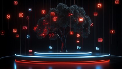 Fototapete - Vivid 3D image of a lineage tree with user symbols and speech bubbles, illustrating the concept of personal data and people connections in an engaging dark setting