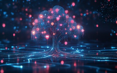 Leinwandbilder - Captivating 3D rendering of a graphic lineage tree featuring interconnected user and speech bubble symbols