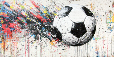 Abstract painting of a soccer ball with vibrant splashes of color in red, blue, yellow, and black on a textured white background.